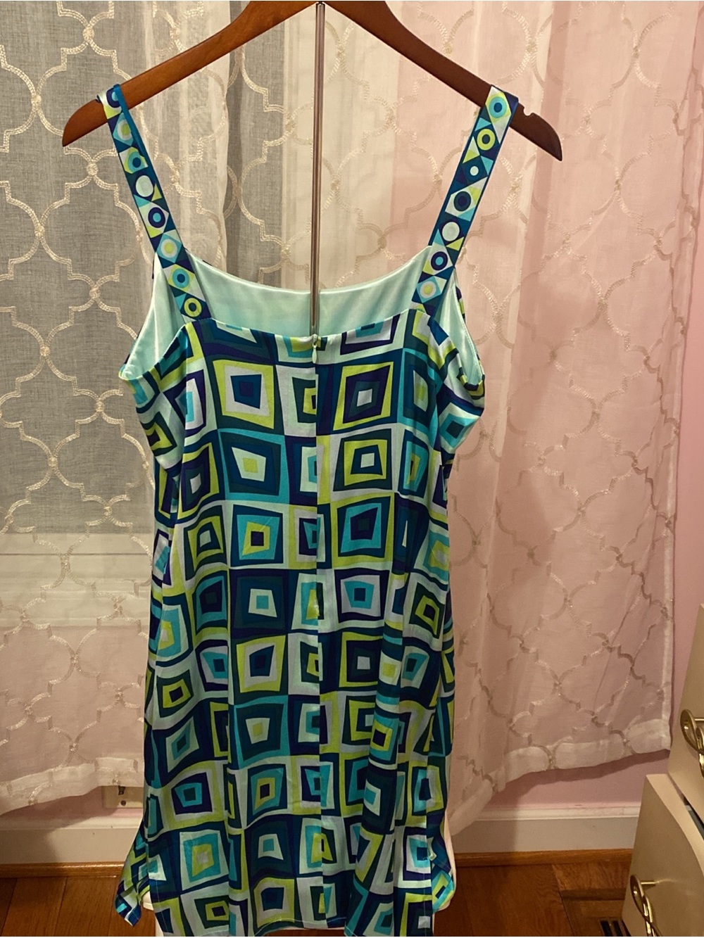 Geometric Square Print Silk Dress in Teal & Lime - Picture 3 of 8